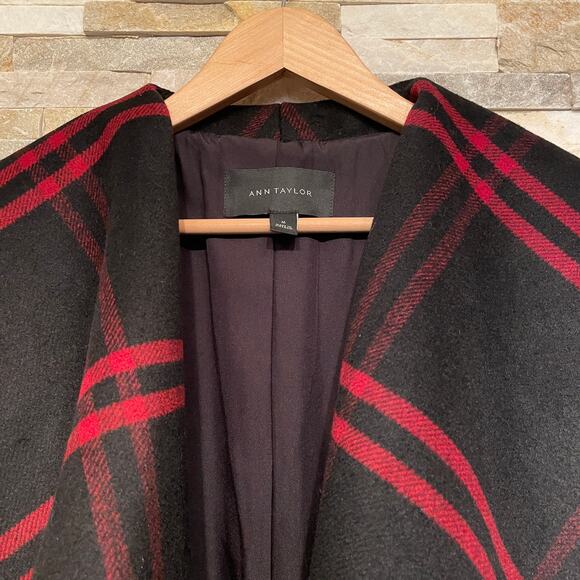 Ann Taylor Wool Blend Plaid Long Coat | Double Breasted Black Gray Red NWOT $300 - Picture 10 of 14